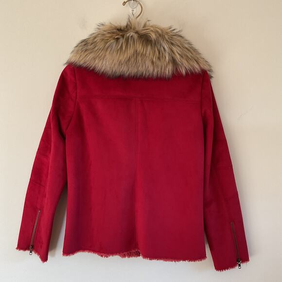 Tasha Polizzi Red Suede Moto Jacket Sz M Detachable Faux Fur Collar Asymmetrical - Picture 3 of 16